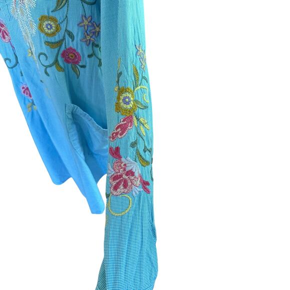 Johnny Was Embroidered Ashlee Henley Popover SZ S Gingham Boho Cottagecore - Picture 7 of 8